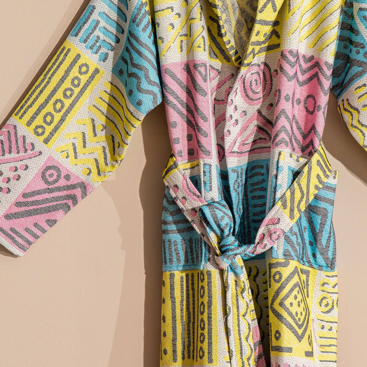 Rainbow Terry-backed Turkish bathrobe – Multicolor Stripe, full length view | Kikoya