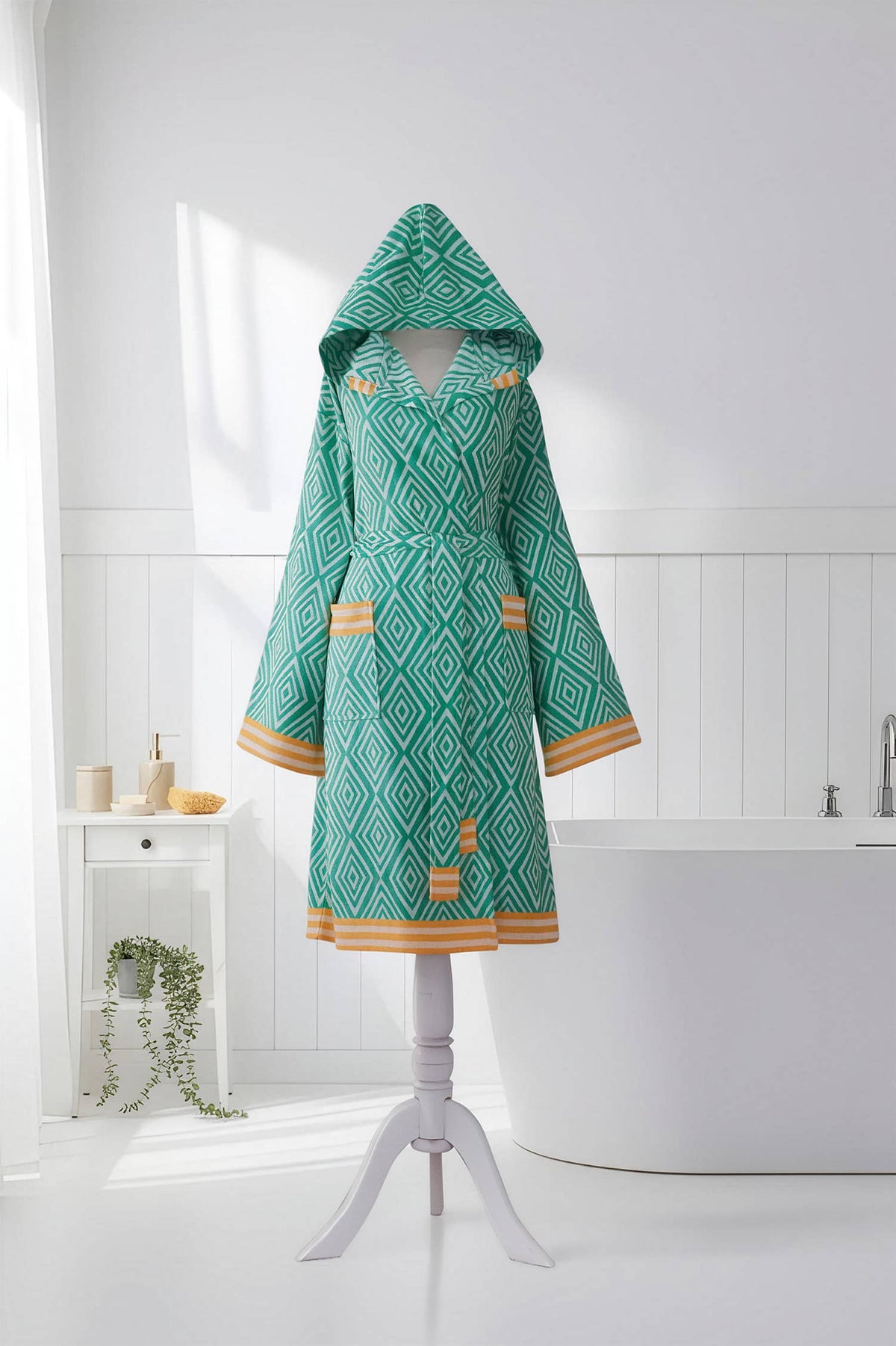 Diamond jacquard Turkish bathrobe – hooded, mustard trim | Kikoya
