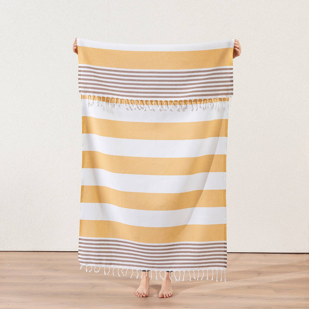 Mediterranean Turkish beach towel – Mustard & Brown block stripe | Kikoya