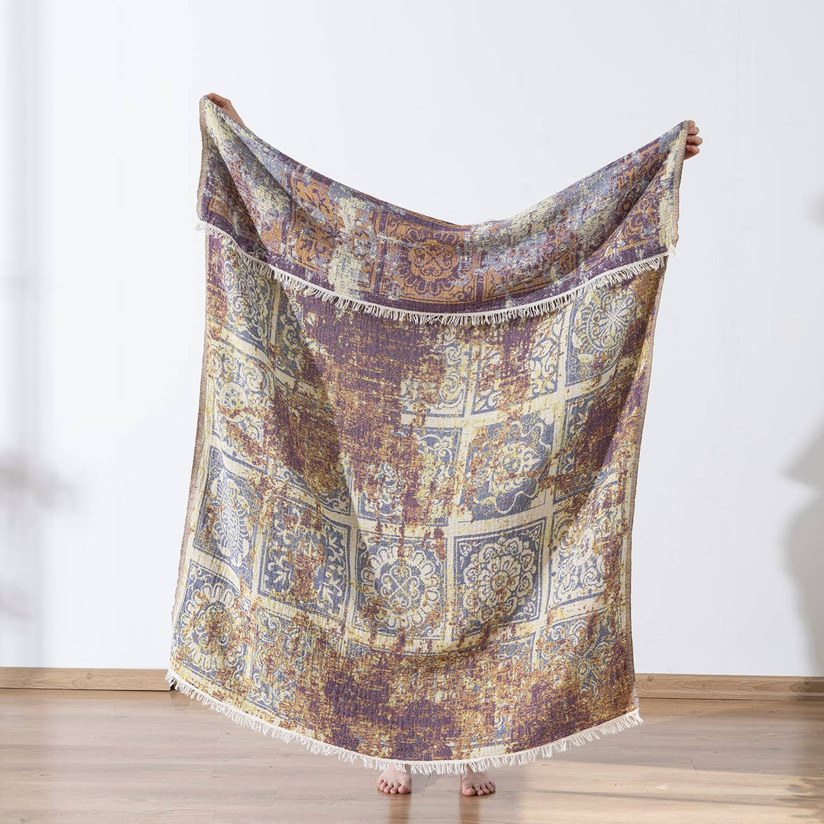 Rustic Turkish cotton throw blanket – vintage medallion, styled view | Kikoya