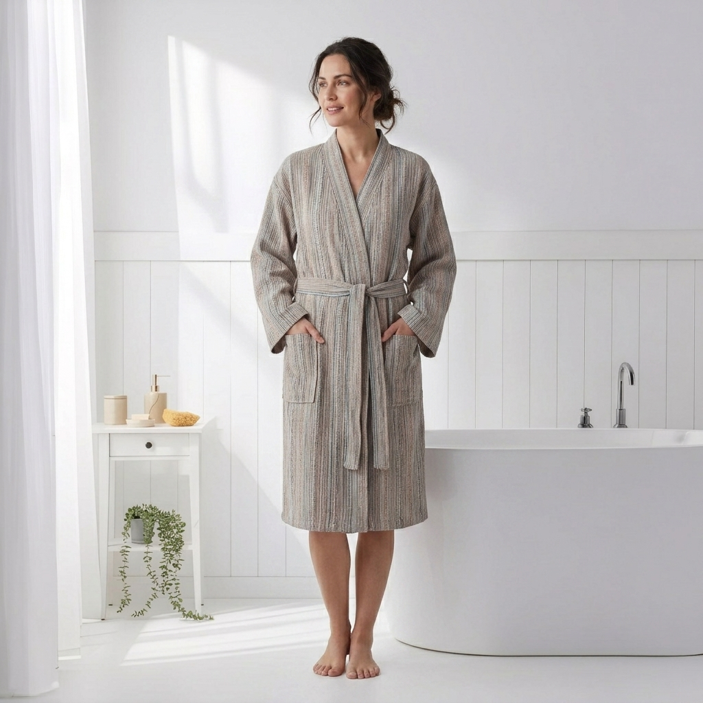 Antique Turkish kimono bathrobe – Taupe Stripe | Kikoya