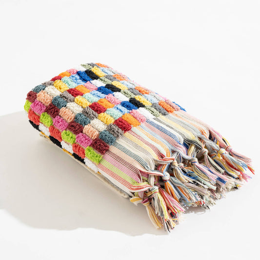 Lokum pompom Turkish hand towel, 17x38 in, handloomed check with pompom fringe | Kikoya