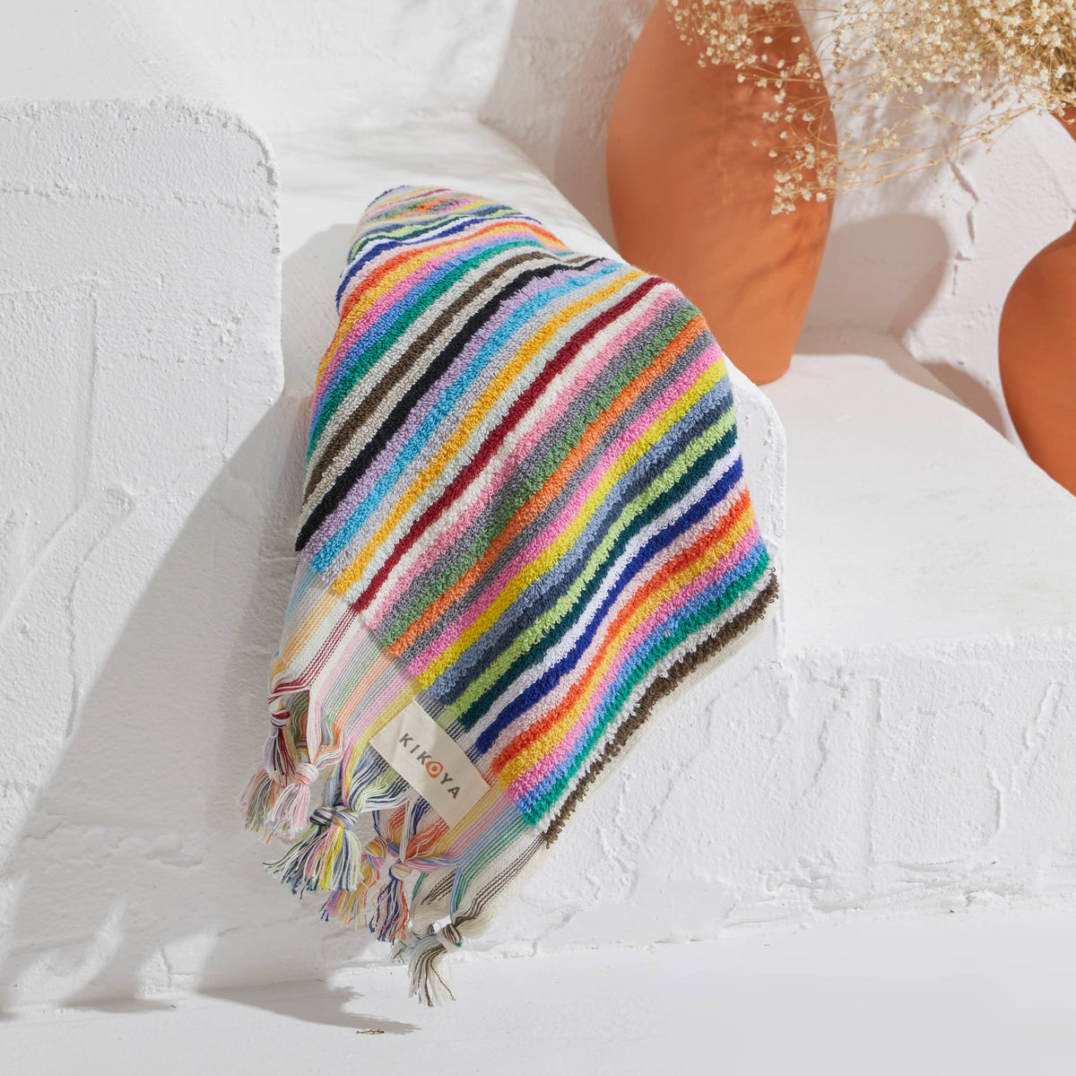 Handloomed Turkish hand towel with raised bubble stripe, 17x38 in | Kikoya