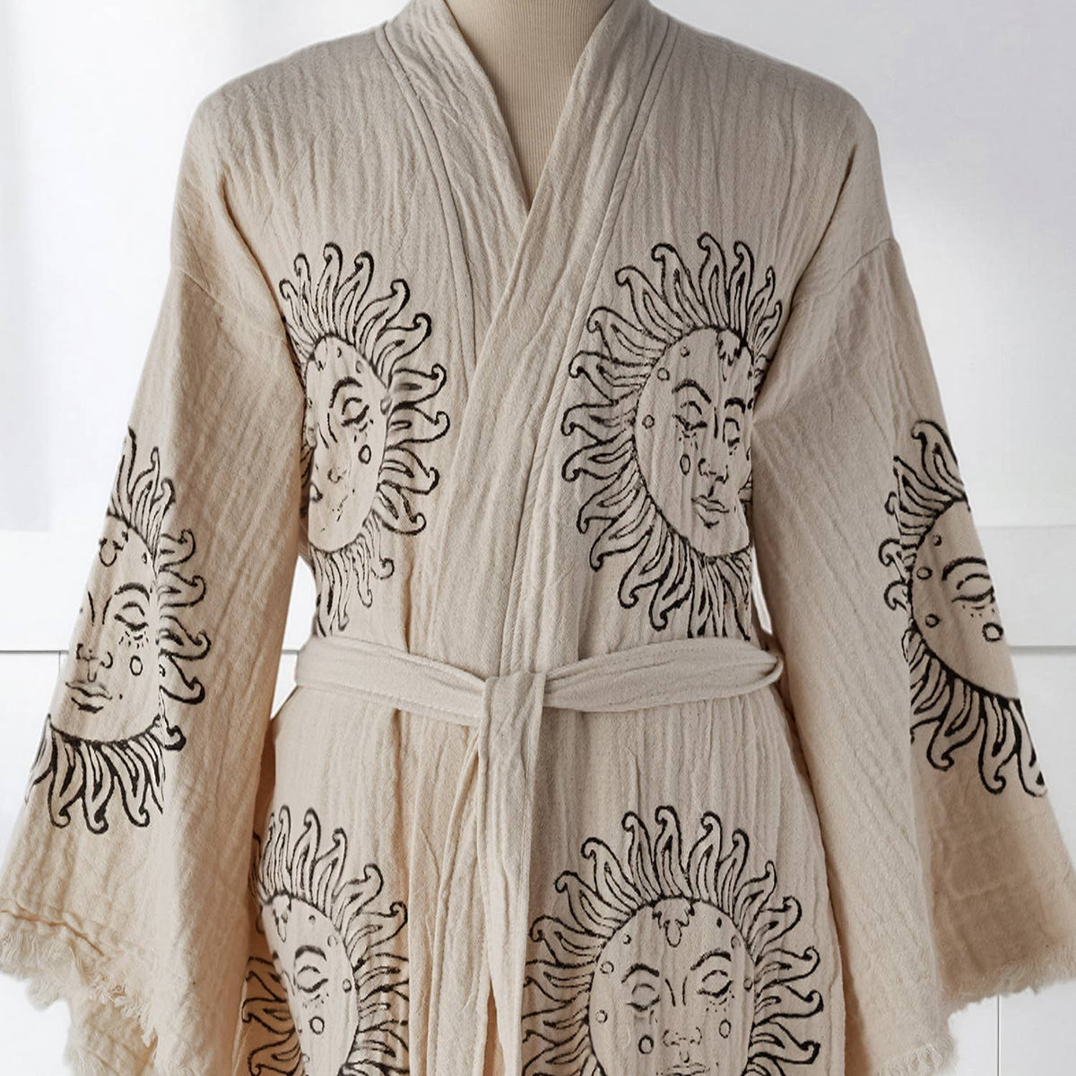 Block-print Turkish cotton kimono robe – Sun Face Black | Kikoya