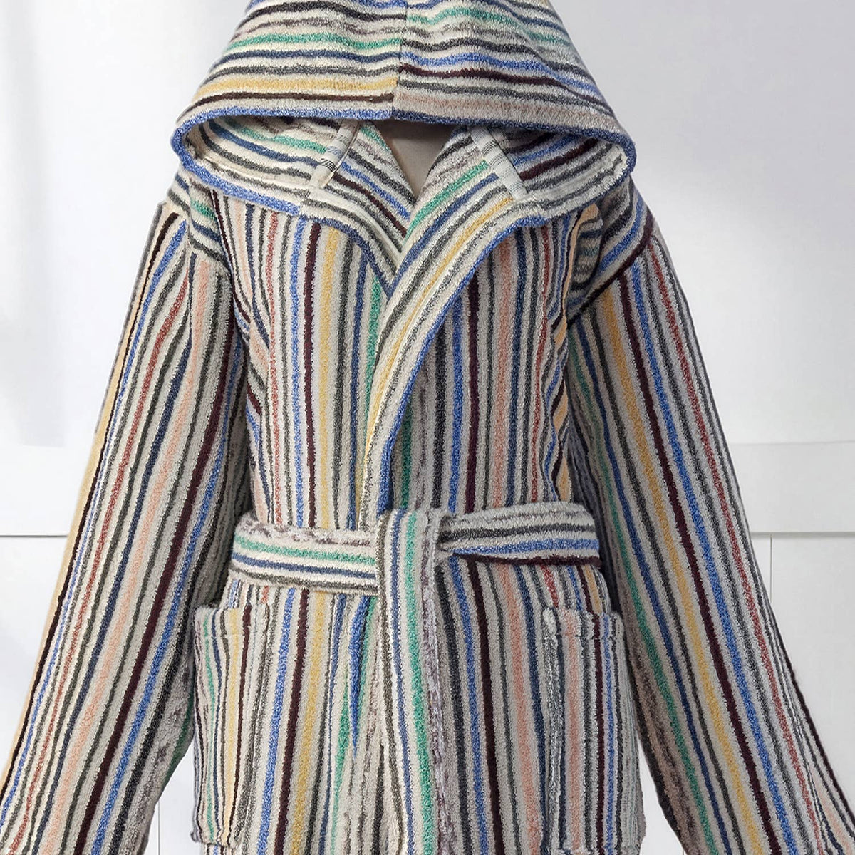 Pompom Turkish bathrobe – Multicolor Melange Stripe, Hooded, belt and pocket detail | Kikoya