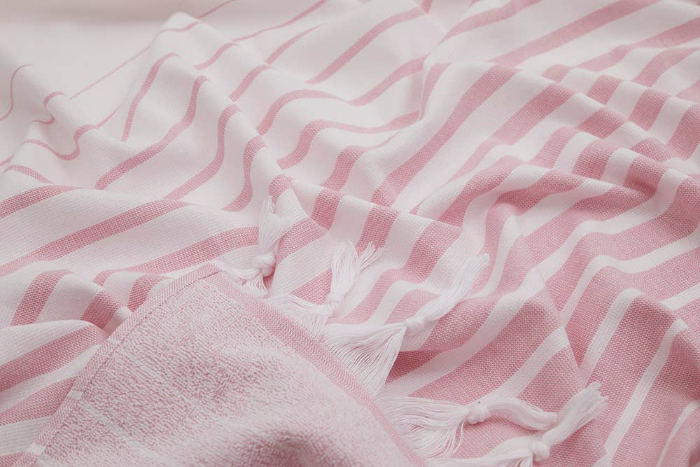 Paradiso terry-backed Turkish towel in two-tone stripe with tassel fringe, 35x70 in | Kikoya
