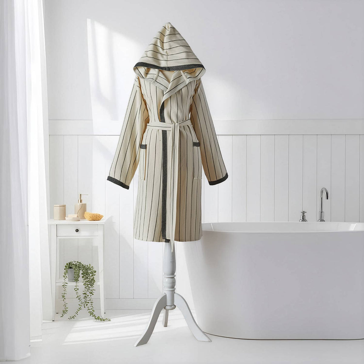 Pinstripe Turkish cotton bathrobe in cream & black – hooded | Kikoya