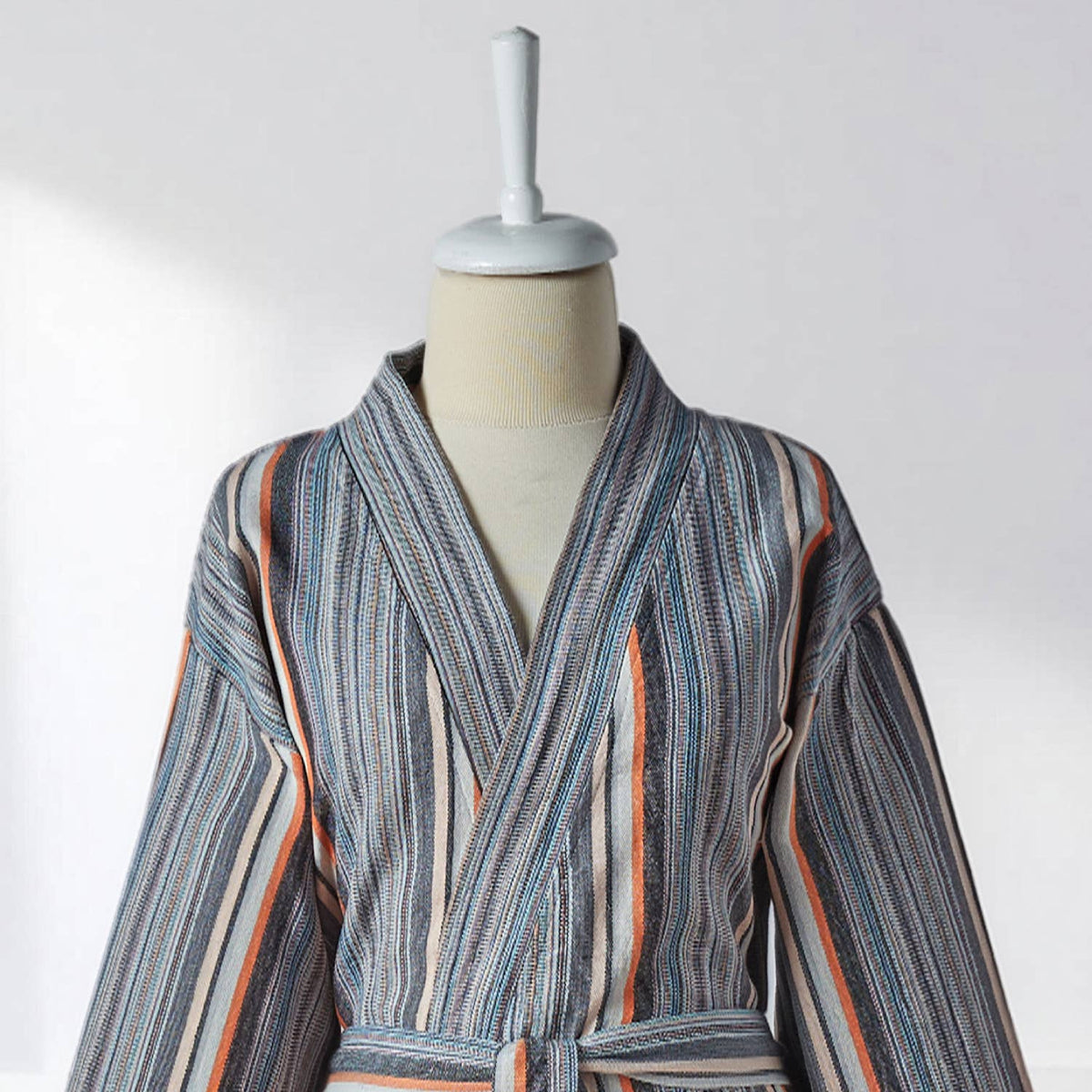 Antique Turkish kimono bathrobe – Grey & Coral Stripe | Kikoya