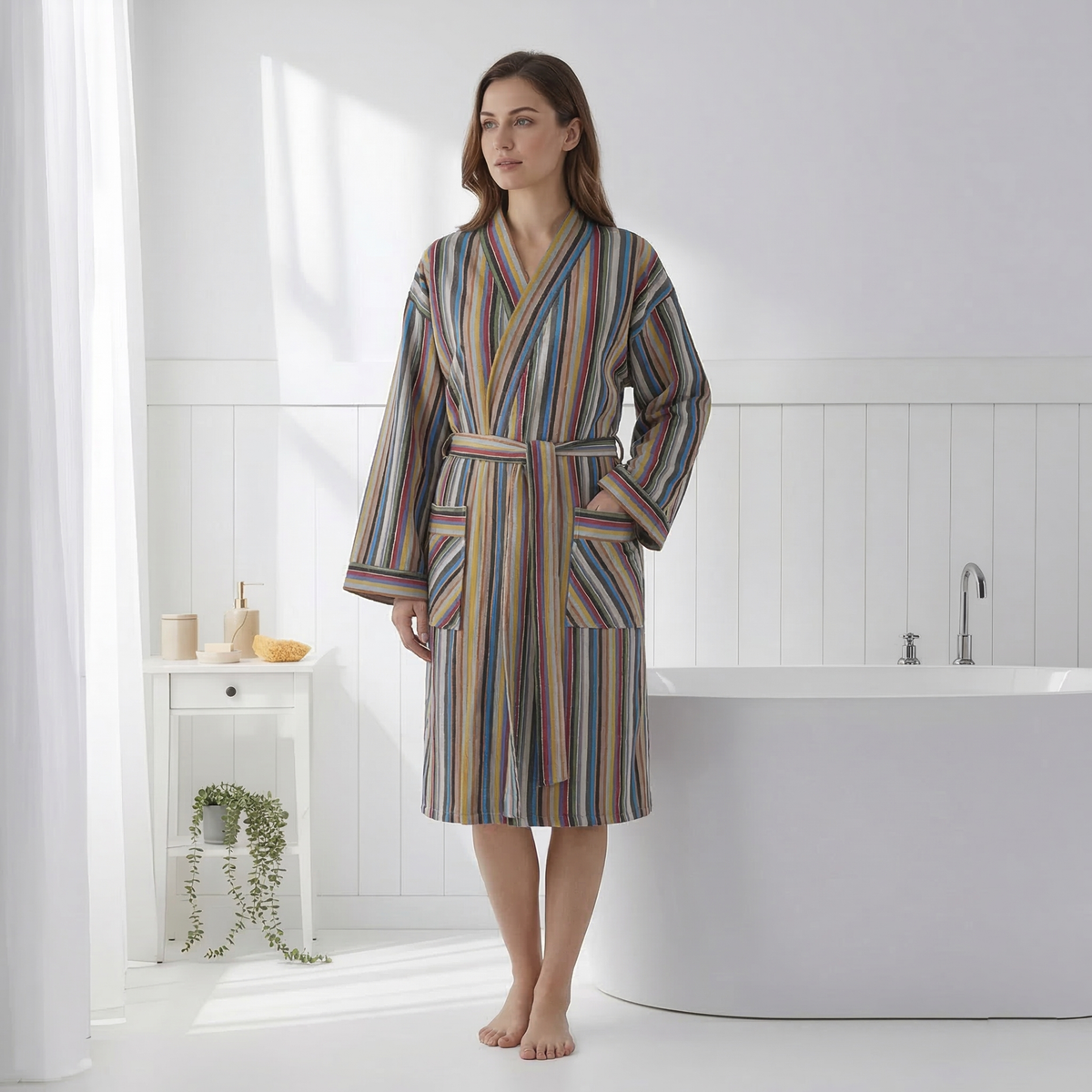Multicolor stripe Turkish cotton bathrobe – kimono, belted | Kikoya