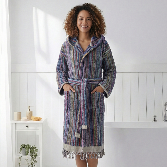 Pompom Turkish bathrobe – Purple Multi Stripe, Hooded, front view | Kikoya