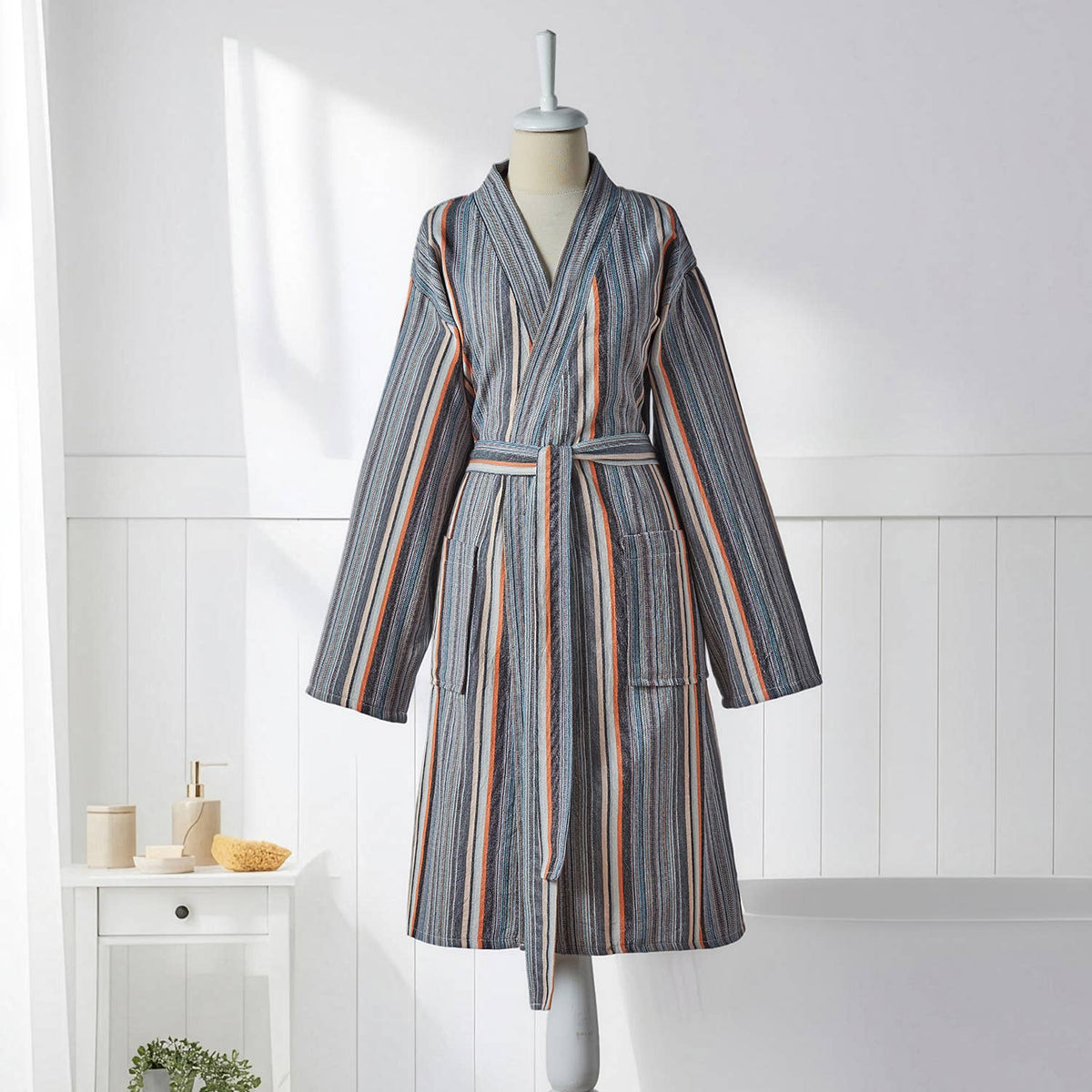 Antique Turkish kimono bathrobe – Grey & Coral Stripe | Kikoya