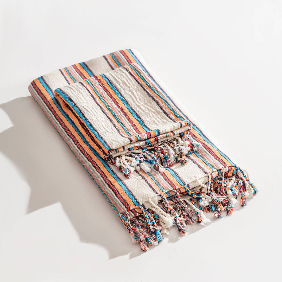 Multi stripe Turkish peshtemal towel with twisted tassels, bath and hand sizes | Kikoya