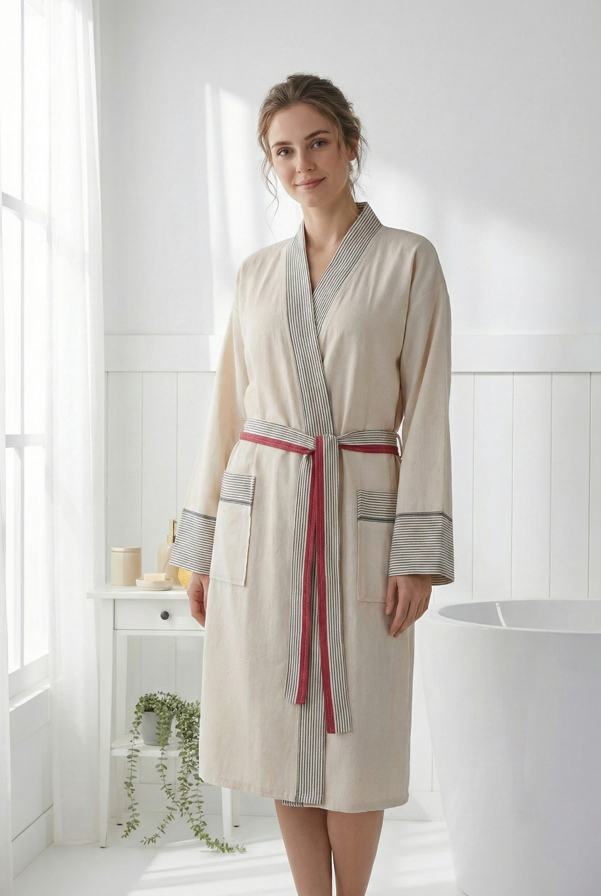 Ribbed Turkish cotton bathrobe in cream & burgundy – kimono | Kikoya