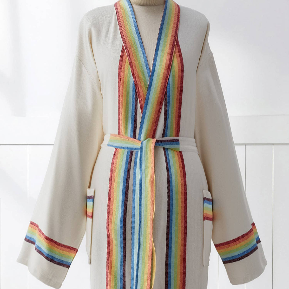 Rainbow band Turkish bathrobe in cream – kimono | Kikoya