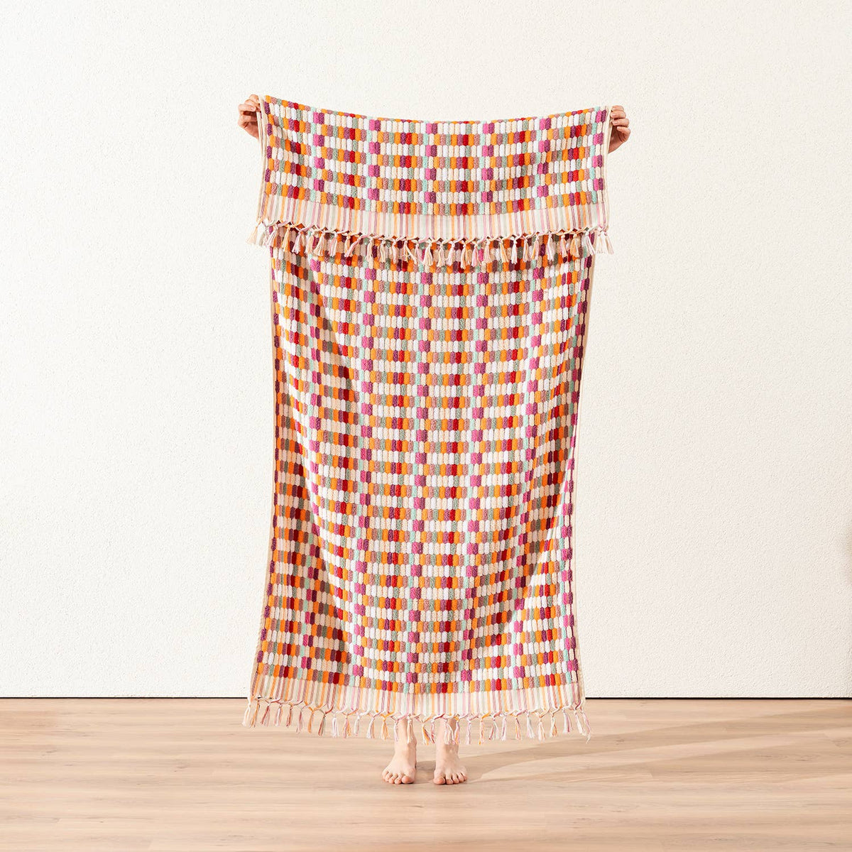 Lokum handloomed Turkish bath towel in check weave, 35x68 in | Kikoya