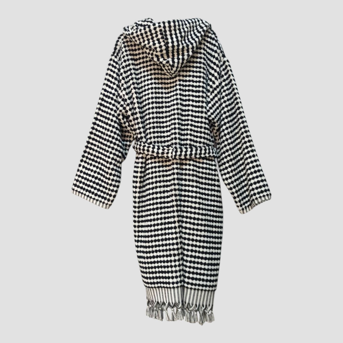 Pompom Turkish bathrobe – Black & White, Hooded, full-length view | Kikoya