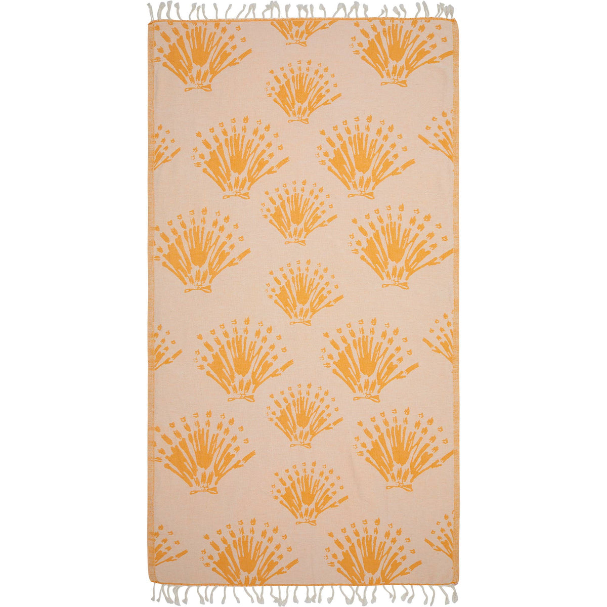 Seashell jacquard Turkish beach towel, 35x70 in, flat-woven with knotted fringe | Kikoya