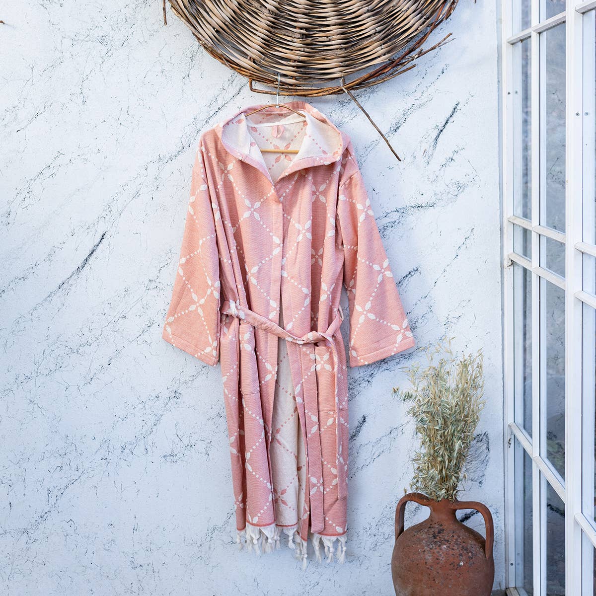 Carmen raised terry Turkish bathrobe with a floral jacquard, hooded | Kikoya
