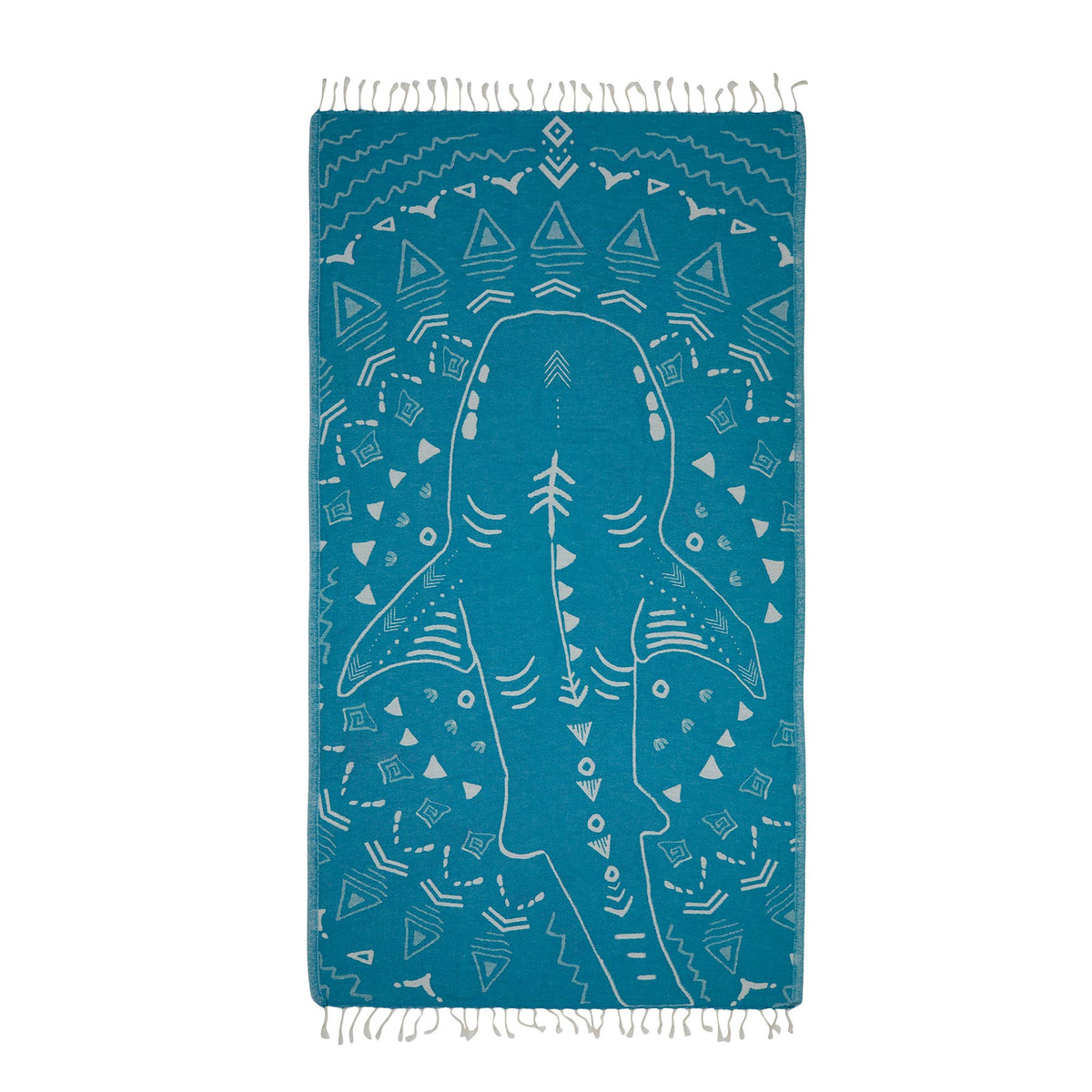 Shark jacquard Turkish beach towel, 35x70 in, flat-woven with knotted fringe | Kikoya