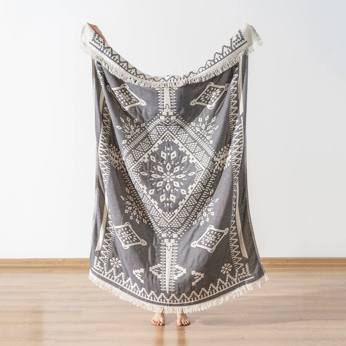 Tribal Turkish cotton throw blanket – Diamond Medallion, Anthracite, full length view | Kikoya