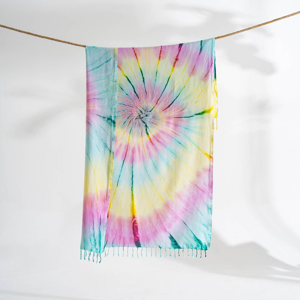 Tie-dye Turkish beach towel in pink, yellow and mint spiral, 33x65 in | Kikoya