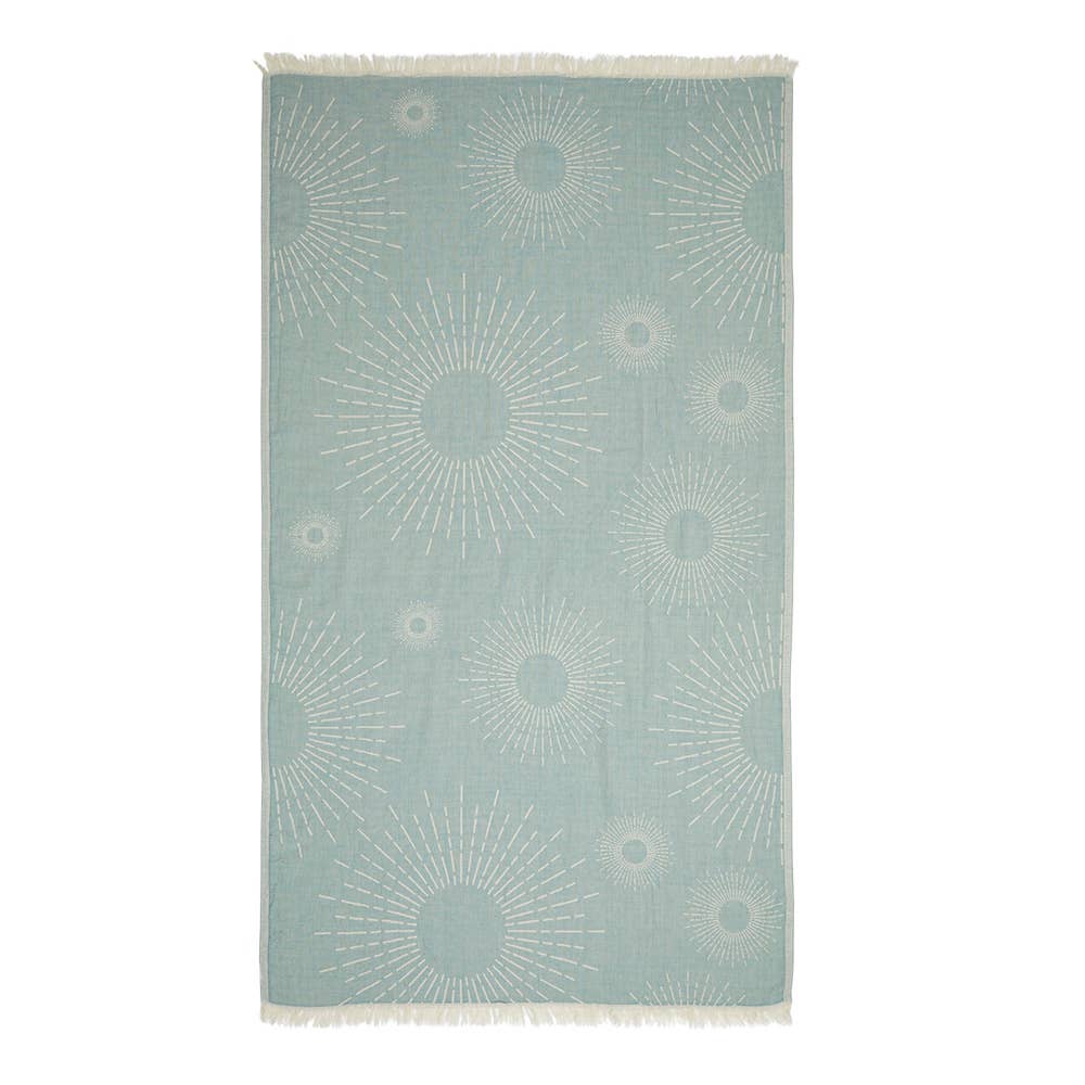 Sunburst print Turkish beach towel on natural cotton, 35x70 in, flat weave | Kikoya