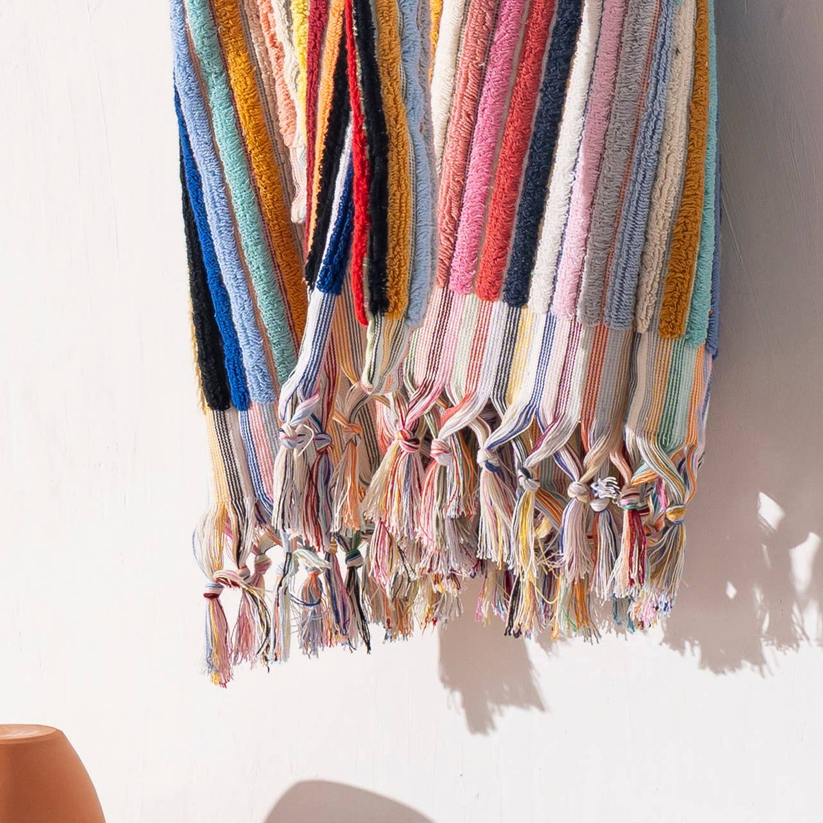 Pompom Turkish bathrobe – Bold Multicolor Stripe, Hooded, full-length view | Kikoya