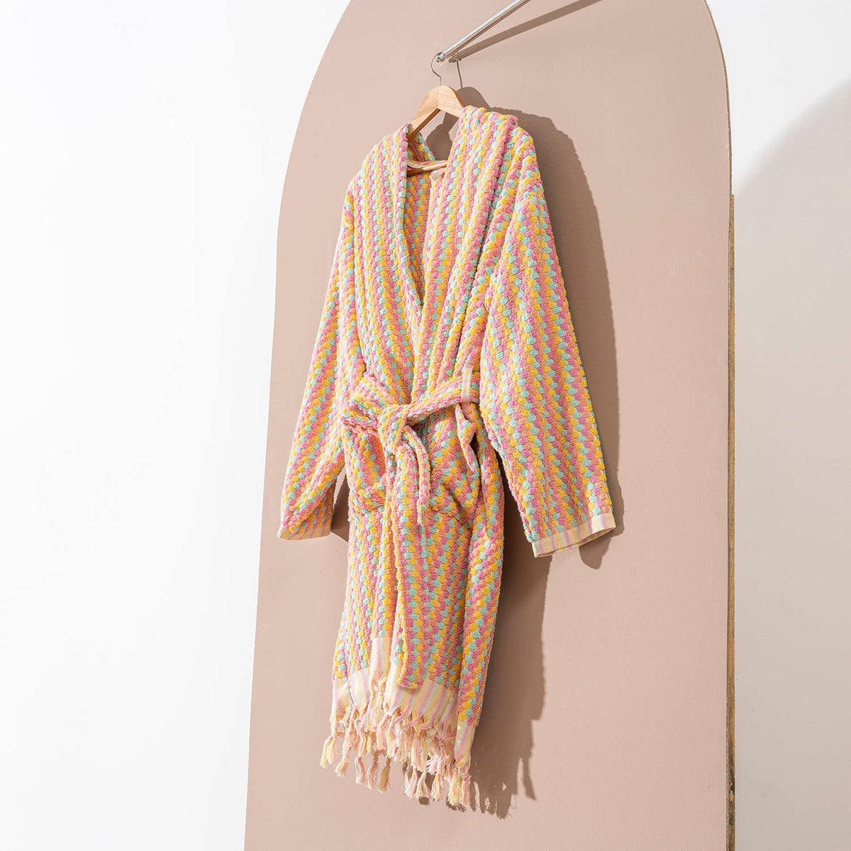 Pompom Turkish bathrobe – Pink & Orange, Hooded, texture detail | Kikoya