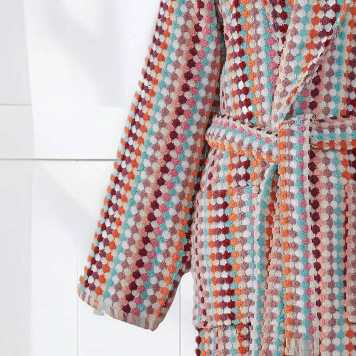 Pompom Turkish bathrobe – Pink & Red Stripe, Shawl Collar, back view | Kikoya
