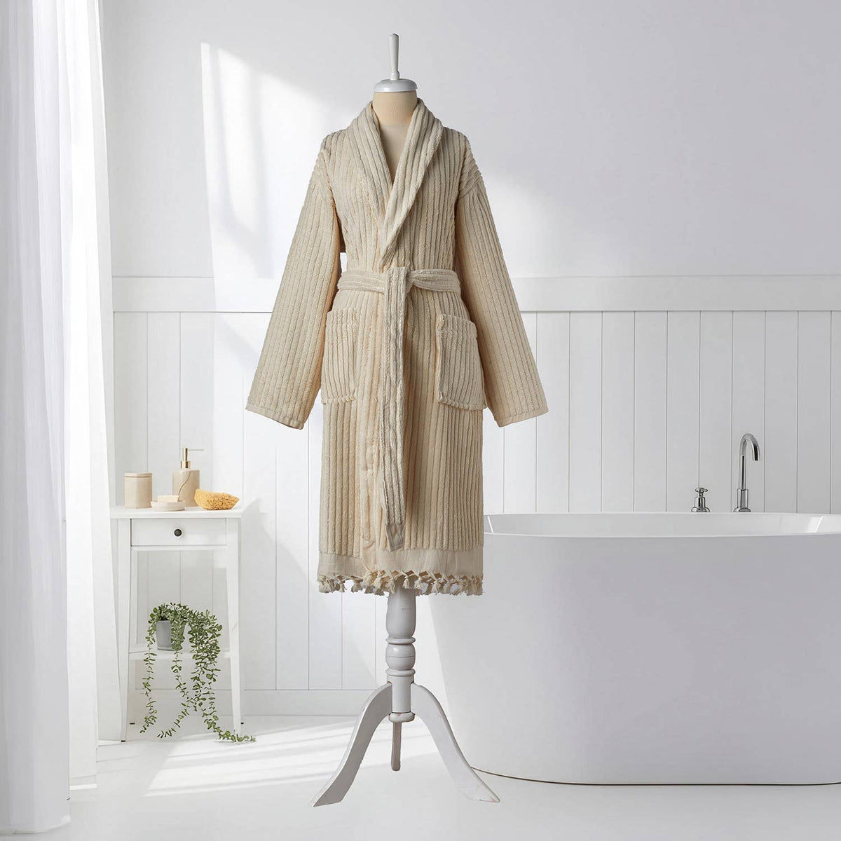 Pompom Turkish bathrobe – Natural Stripe, Shawl Collar, full-length view | Kikoya