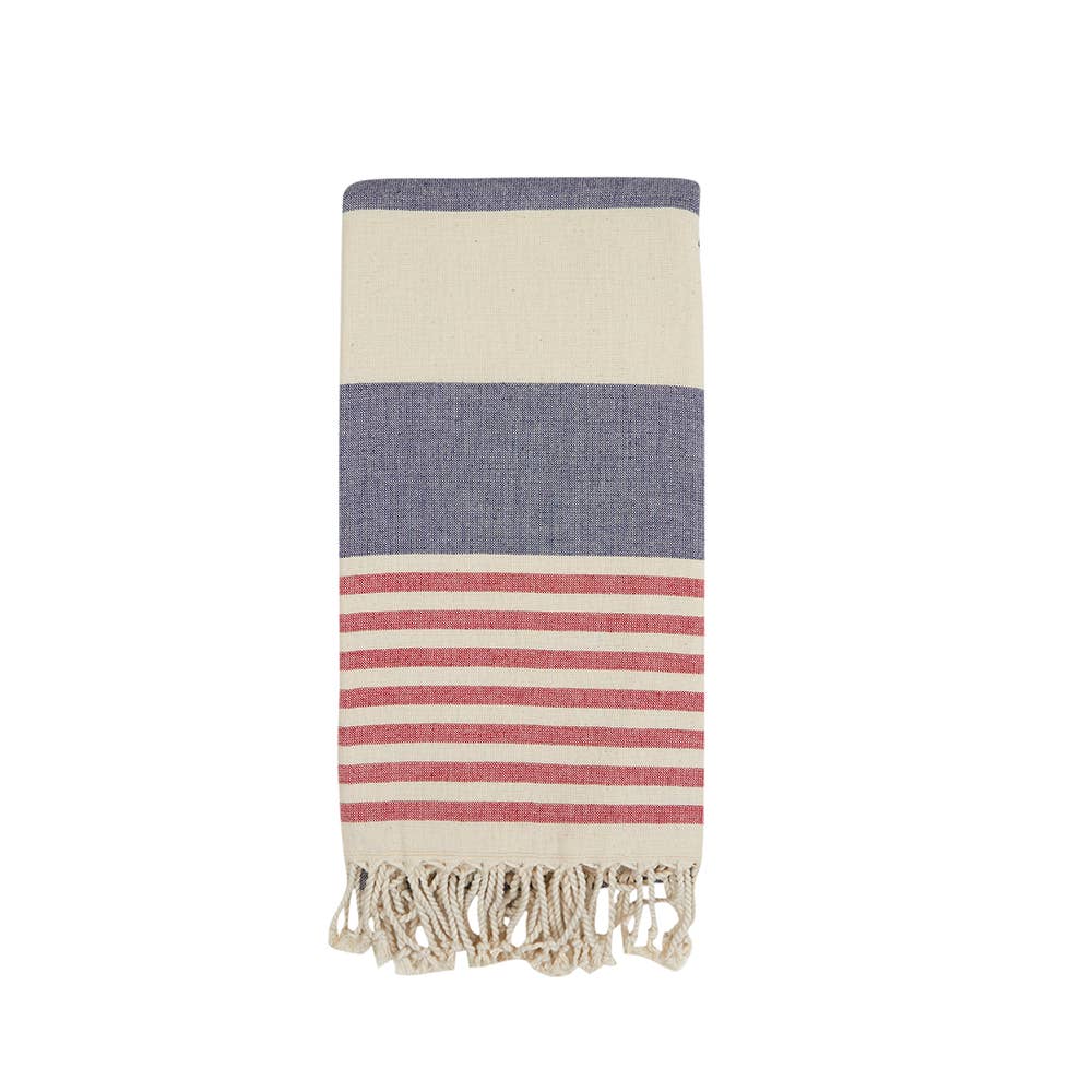 Mediterranean terry-backed Turkish towel in navy and red, 35x70 in | Kikoya