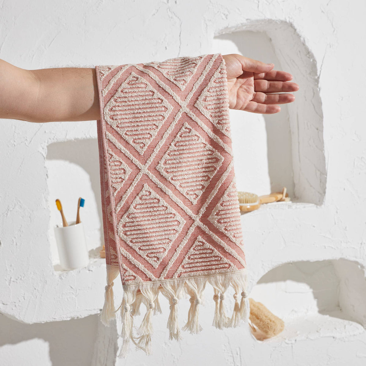 Double terry Turkish hand towel with woven jacquard pattern | Kikoya