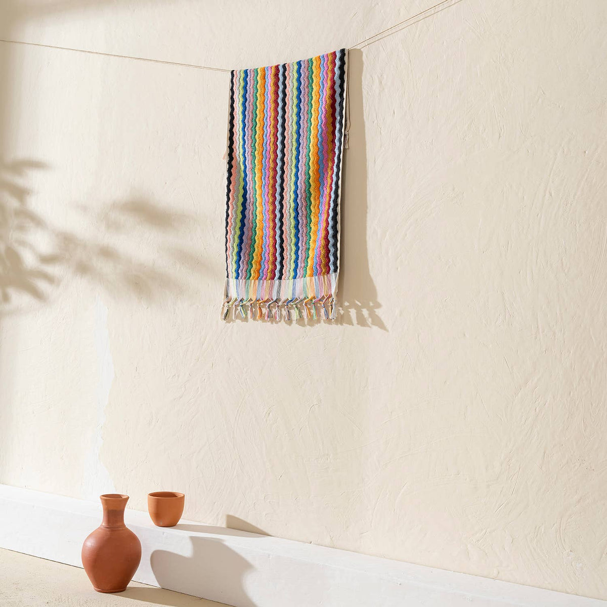 Pompom zigzag Turkish hand towel in multicolour chevron, 17x38 in, handloomed | Kikoya