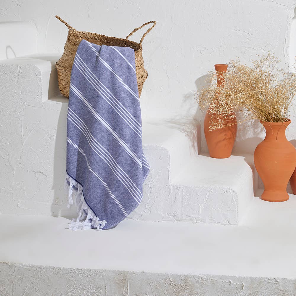 Classic terry-backed Turkish towel in wide stripe, flat face with brushed terry back | Kikoya