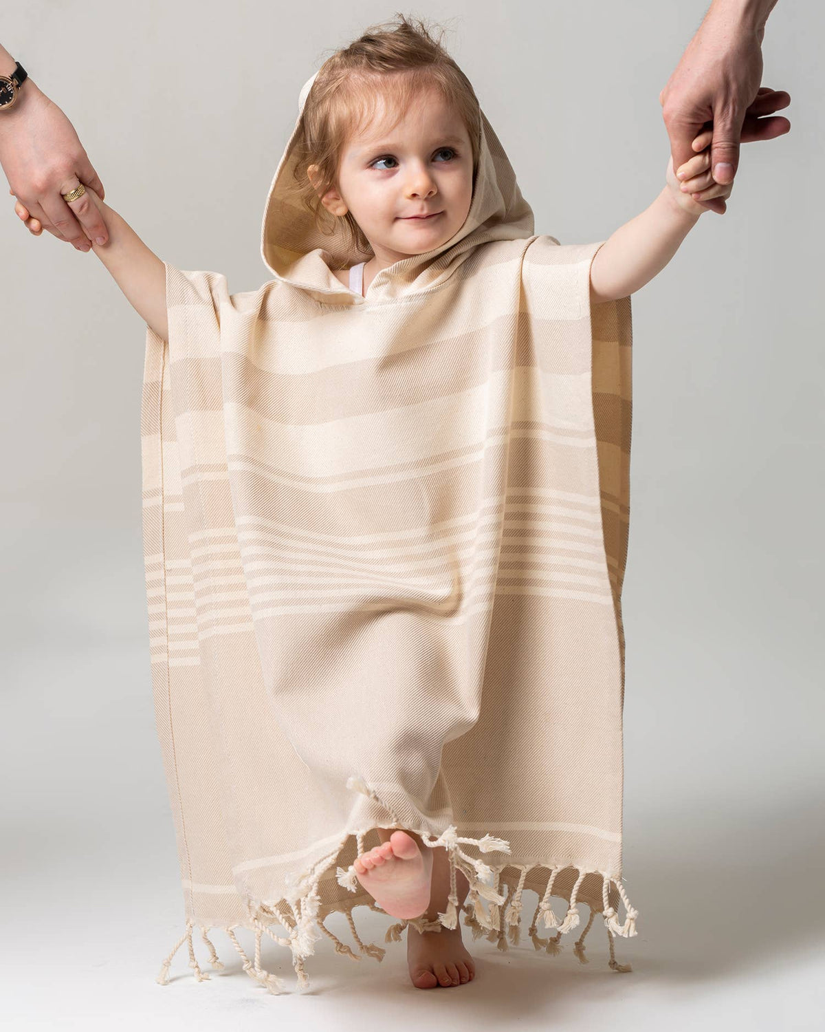 Rumeli Kids Hooded Towel Poncho – Beige Stripe, front view | Kikoya
