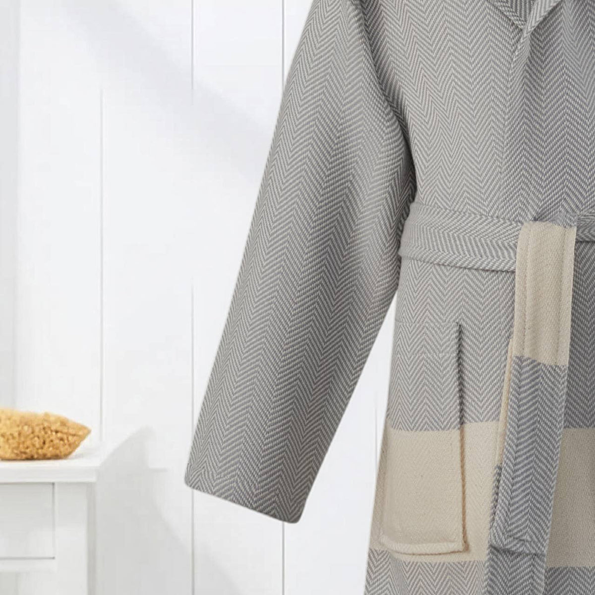 Herringbone kids Turkish cotton bathrobe – hooded, fringed hem | Kikoya