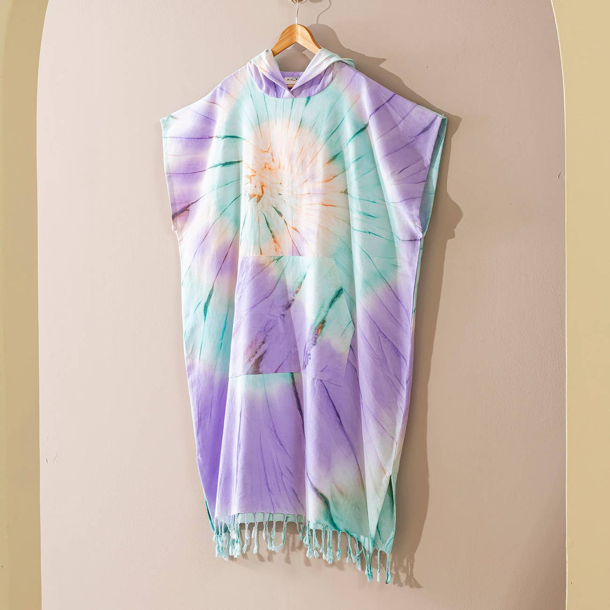 Spiral Adult Hooded Changing Poncho – Purple Tie-dye, back view | Kikoya