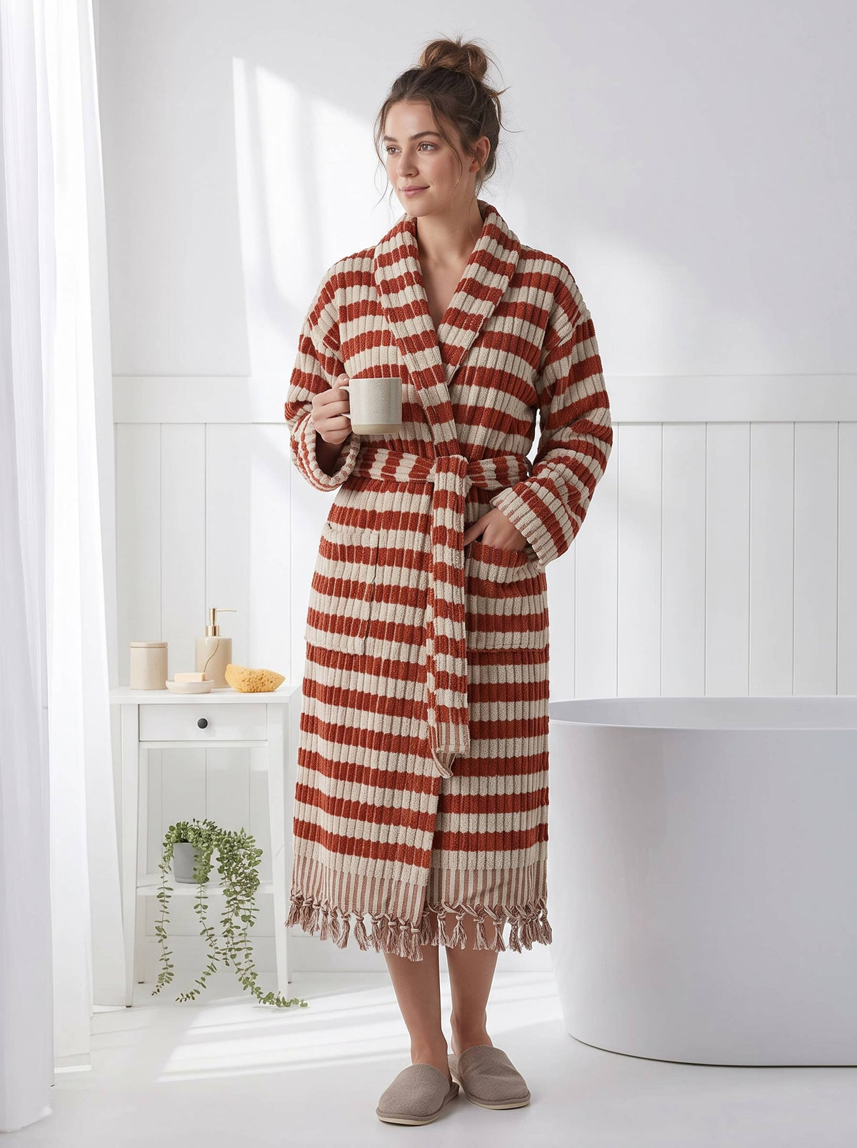 Pompom Turkish bathrobe – Lokum Clay, Shawl Collar, styled view | Kikoya