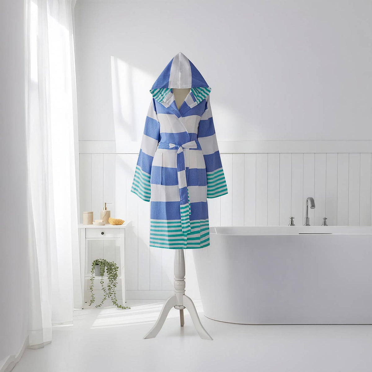 Mediterranean Turkish bathrobe – blue and green block stripe, hooded | Kikoya