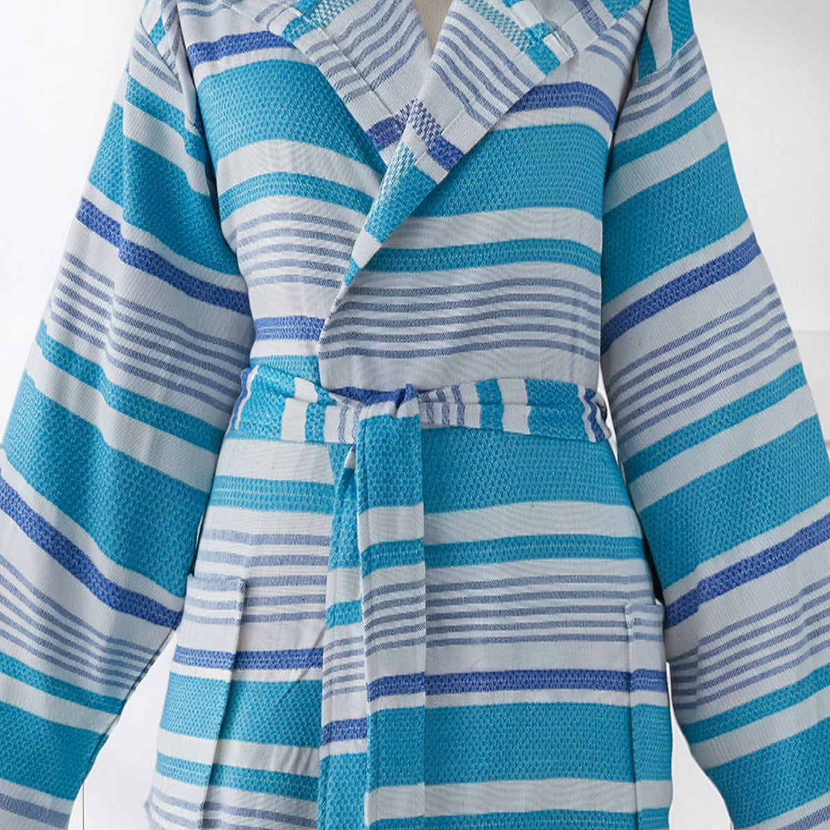 Check Turkish cotton bathrobe – hooded, fringed hood edge | Kikoya