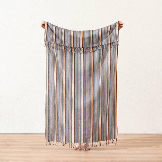 Premium Rustic Turkish beach towel – Tangerine & Stone Stripe | Kikoya