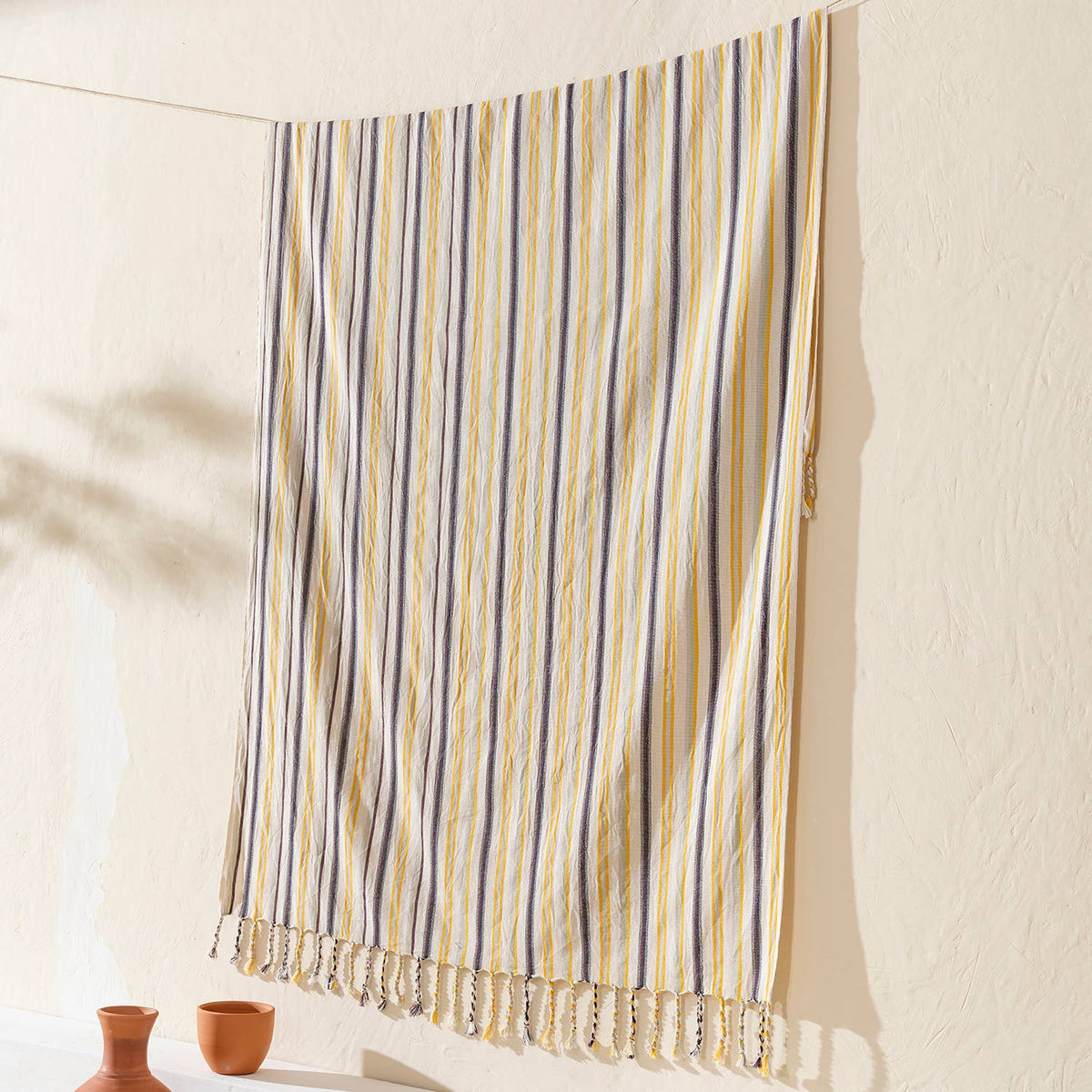 Premium Rustic Turkish Beach Towel – Lemon & Plum Stripe, 100% Cotton Peshtemal, 40x70 in
