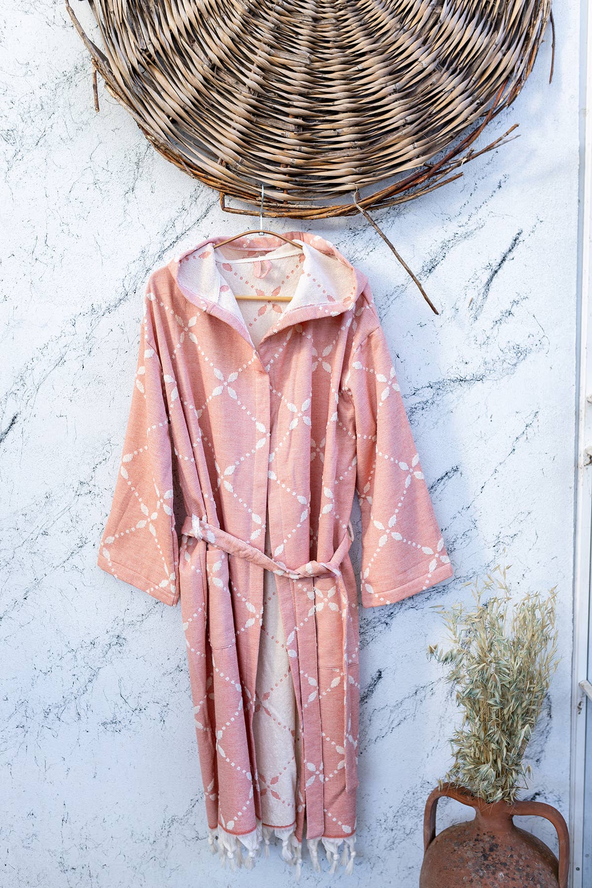 Carmen raised terry Turkish bathrobe with a floral jacquard, hooded | Kikoya