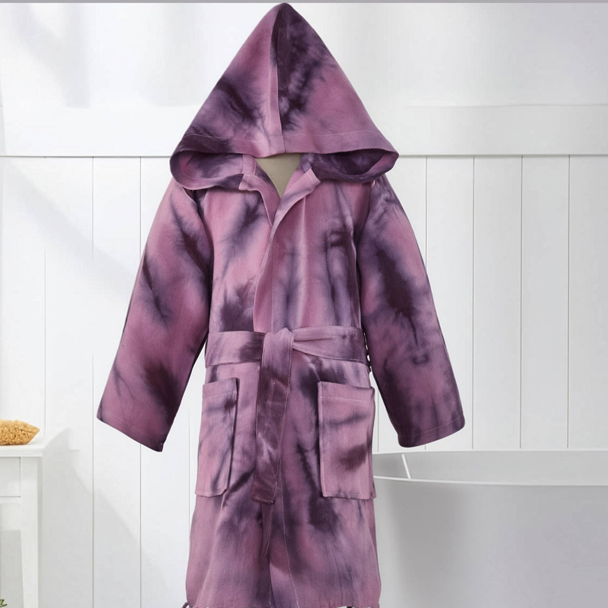 Hand tie-dyed kids Turkish bathrobe – hooded, ages 5-8 | Kikoya