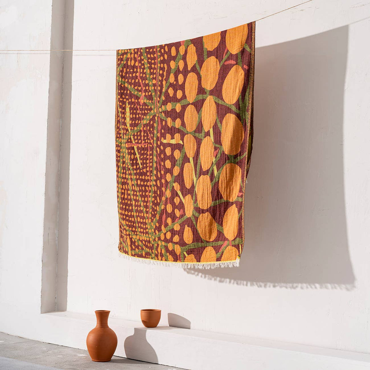 Ethnic print Turkish beach towel in orange and burgundy, 33x66 in | Kikoya