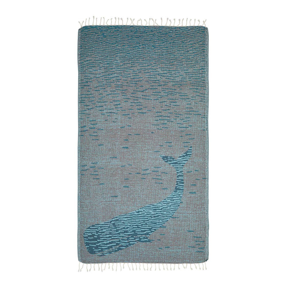 Whale Turkish beach towel, woven whale jacquard on teal, 35x70 in | Kikoya