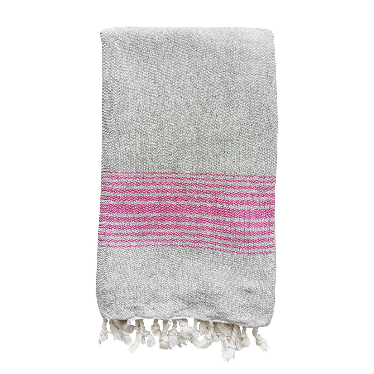 Linen-cotton Turkish towel with tonal stripe band and tassels, 33x67 in | Kikoya