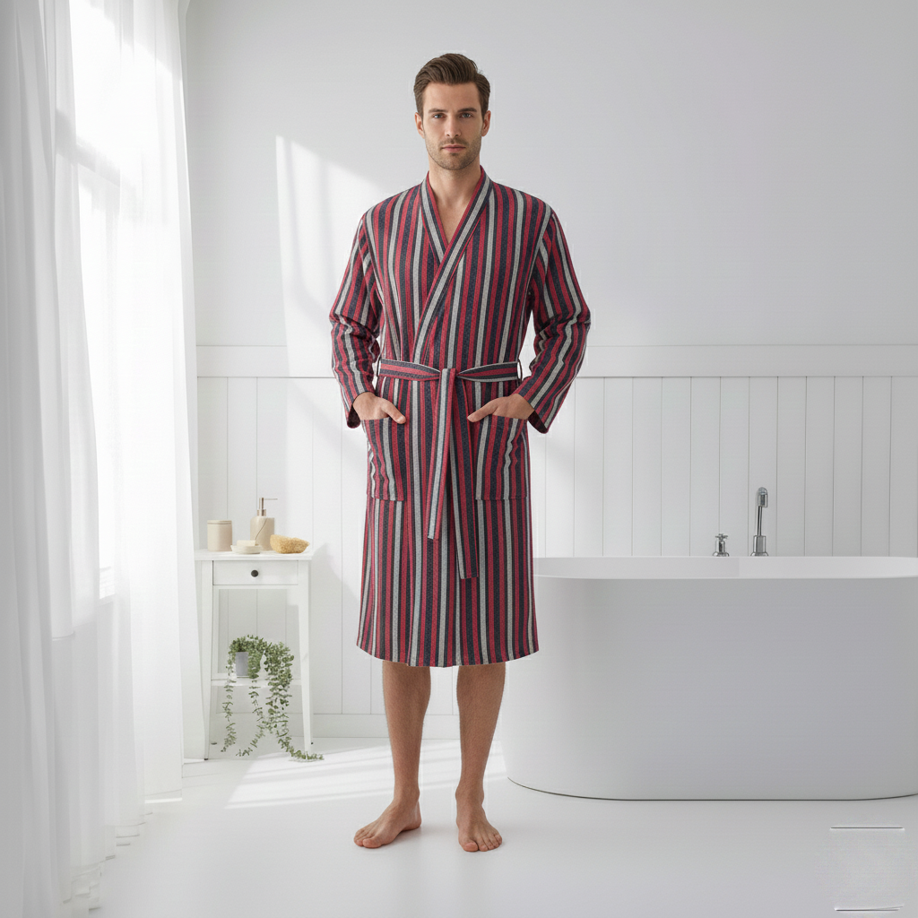 Fine stripe Turkish cotton bathrobe in burgundy – kimono | Kikoya