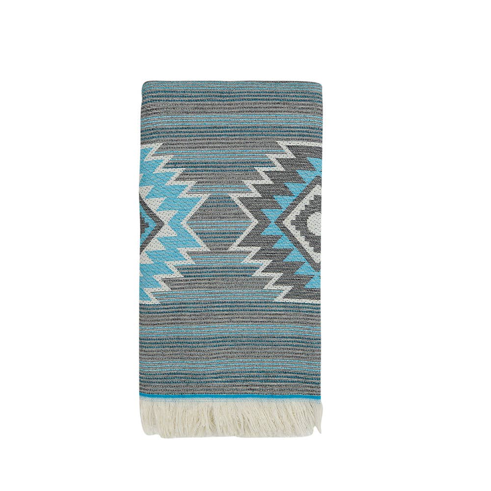 Tribal terry-backed Turkish towel with woven jacquard face, 35x70 in | Kikoya