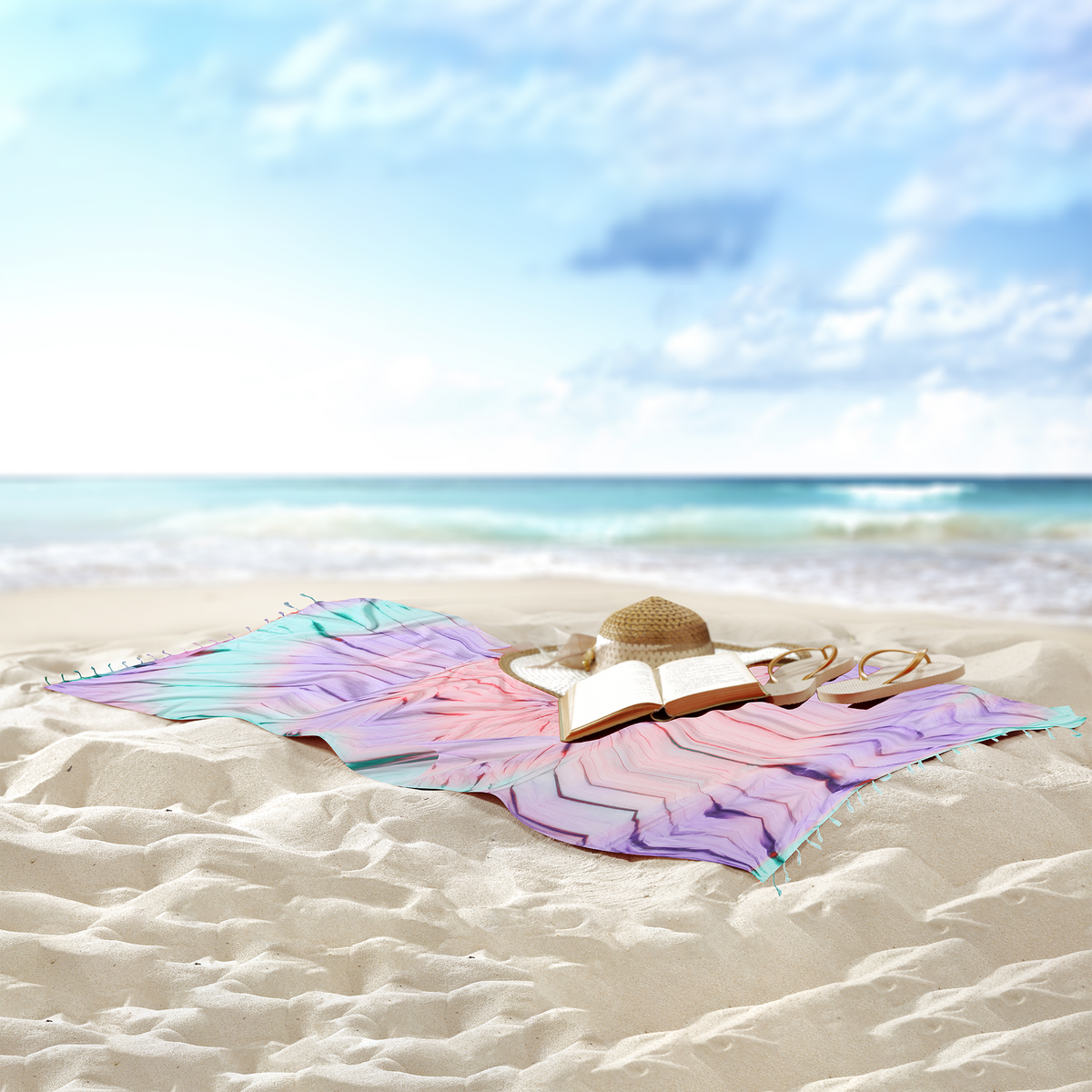 Tie-dye Turkish beach towel in pastel spiral, 33x65 in, sand-shedding flat weave | Kikoya